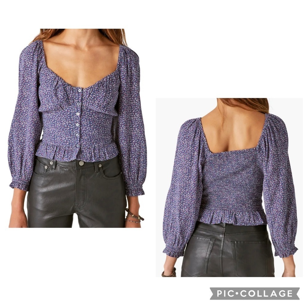 LUCKY BRAND Women’s Blue Ditsy Floral Smocked Long Balloon Sleeve Top Size XL